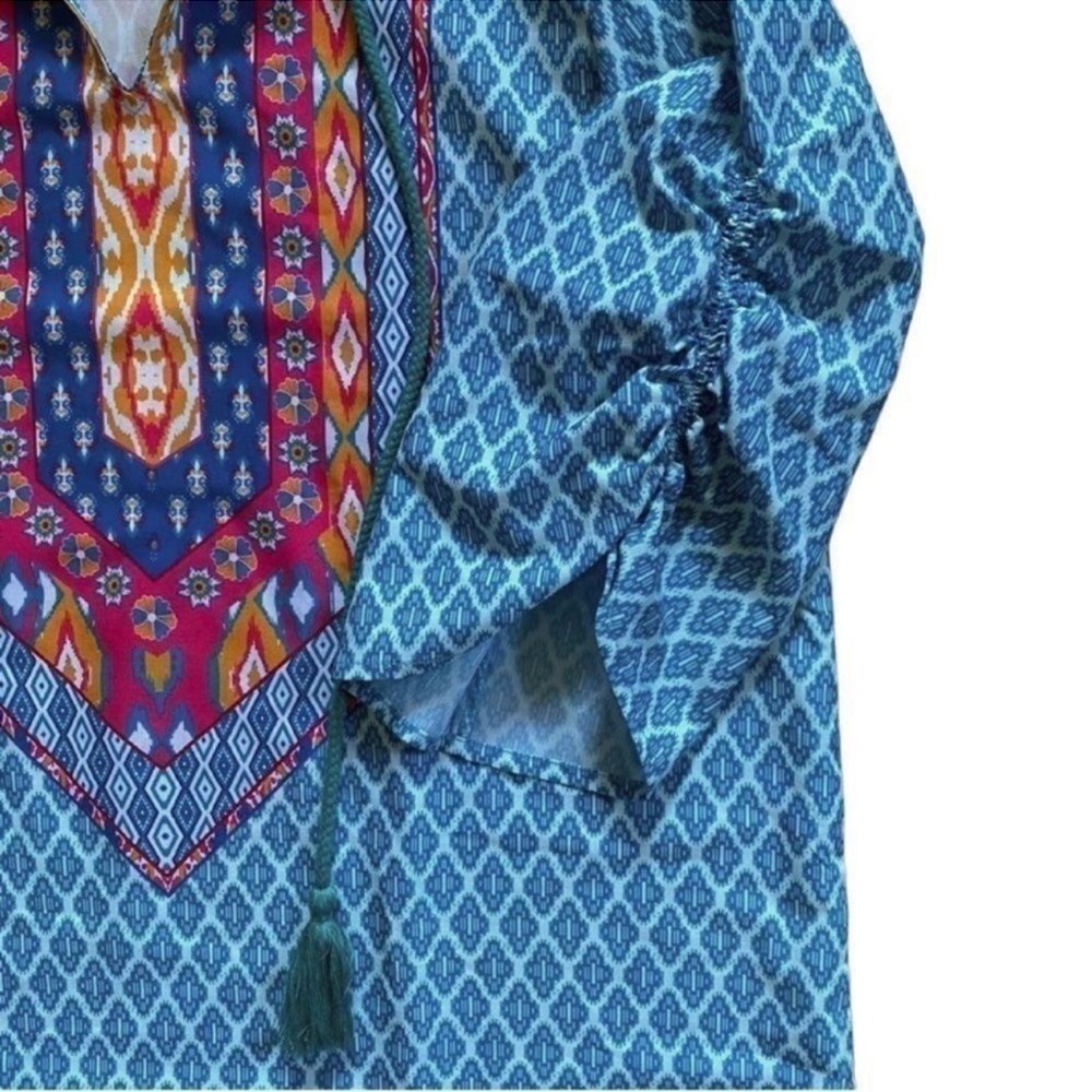 Urban Coco Blue Multicolor Ruche Sleeve Swim Coverup Dress with Tassels Medium - Picture 7 of 14